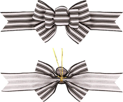Meseey Wired Ribbon Bows - Handmade Black and White Striped Burlap for Wreaths & Gift Wrapping | 2 Pcs
