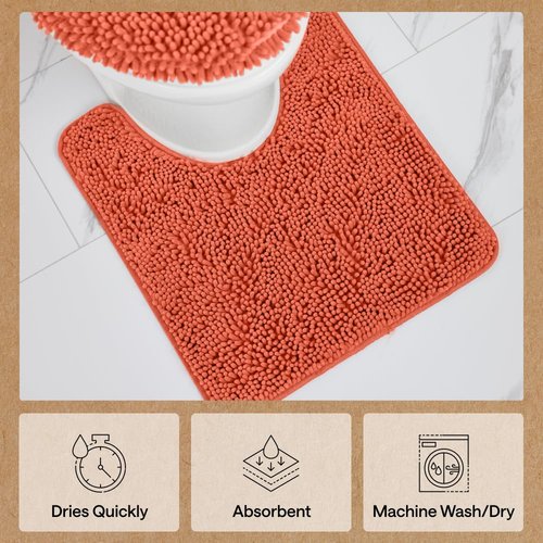 GORILLA GRIP Plush Absorbent Shaggy Chenille Bath Rug Mat for Oval Toilet Base with Rubber Backing, Machine Washable Rugs, Soft Microfiber Contour Mats for Toilets, Bathroom Decor, Coral