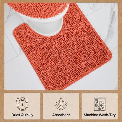 GORILLA GRIP Plush Absorbent Shaggy Chenille Bath Rug Mat for Oval Toilet Base with Rubber Backing, Machine Washable Rugs, Soft Microfiber Contour Mats for Toilets, Bathroom Decor, Coral