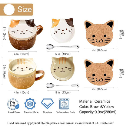 2Pcs Cute Cat Mug with Lid - 10oz Ceramic Tea Cups Set (Brown + Yellow)