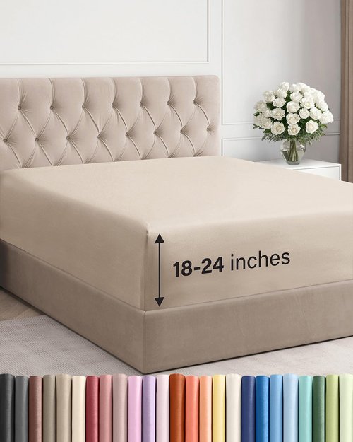 Extra Deep Full Fitted Sheet - Hotel Luxury Single Fitted Sheet Only - Easily Fits 18 inch to 24 inch Mattress - Ultra Soft, Wrinkle Free w/Extra Deep Pockets - Easy-Care, Breathable & Comfy - Wheat