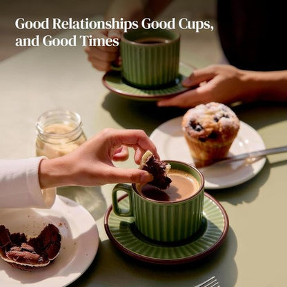 DOWAN Cappuccino Cup Set - 8 OZ Ceramic Coffee Mugs with Saucers | Elegant Ribbed Stoneware for Home & Café