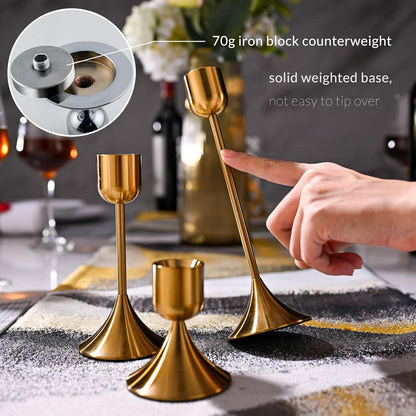 Skiennix Candle Holder - Heavy Base for Elegant Room Décor | Shiny Copper, Set of 3 Pcs