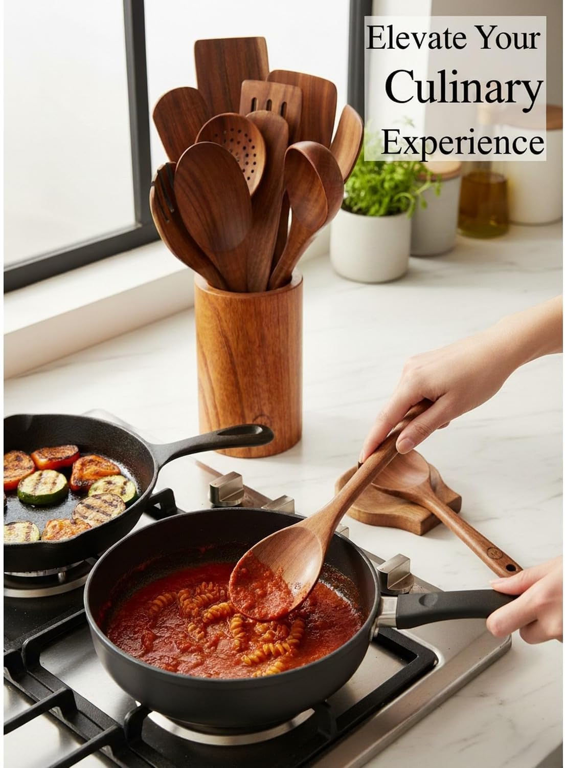Skiennix 12-Piece Natural Teak Wood Utensil Set - Nonstick Cooking Spoons & Heat Resistant Tools