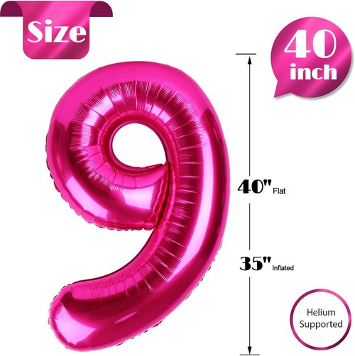Hot Pink Number 9 Balloon - 40 Inch Giant Birthday Decoration for Girls | Perfect for 9th, 19th, 29th Parties
