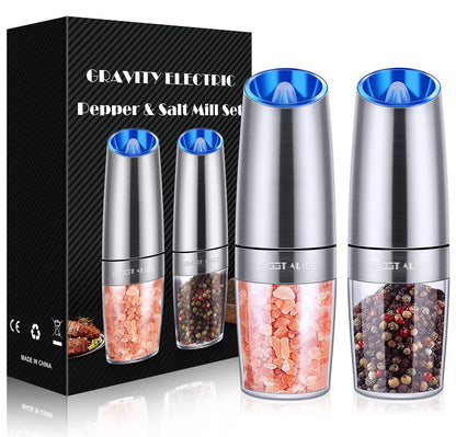 Gravity Electric Pepper and Salt Grinder Set, Salt and Pepper Mill & Adjustable Coarseness, Battery Powered with LED Light, One Hand Automatic Operation, Stainless Steel (Set/Silver)