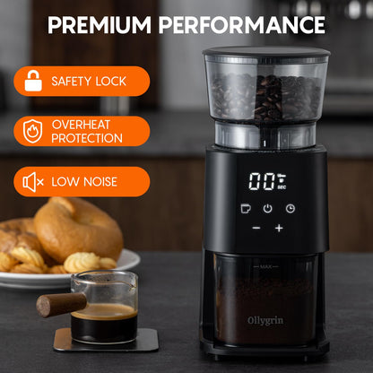 Ollygrin Conical Burr Coffee Grinder Electric Coffee Bean Grinder with Digital Timer 30 Precise Grind Settings Adjustable Burr Mill Grinder for 2-12 Cups Espresso Drip and French Press