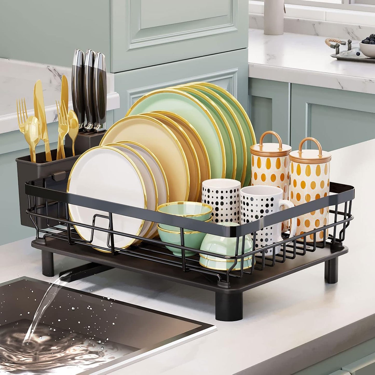Skiennix Iron Dish Drying Rack - Extendable Kitchen Counter Drainer with Utensil Holder & Knife Slots, Black