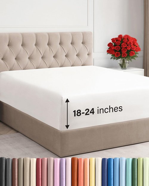 Extra Deep Cal King Fitted Sheet - Hotel Luxury Single Fitted Sheet Only - Easily Fits 18 inch to 24 inch Mattress - Ultra Soft, Wrinkle Free w/Extra Deep Pockets - Breathable & Comfy - Antique White