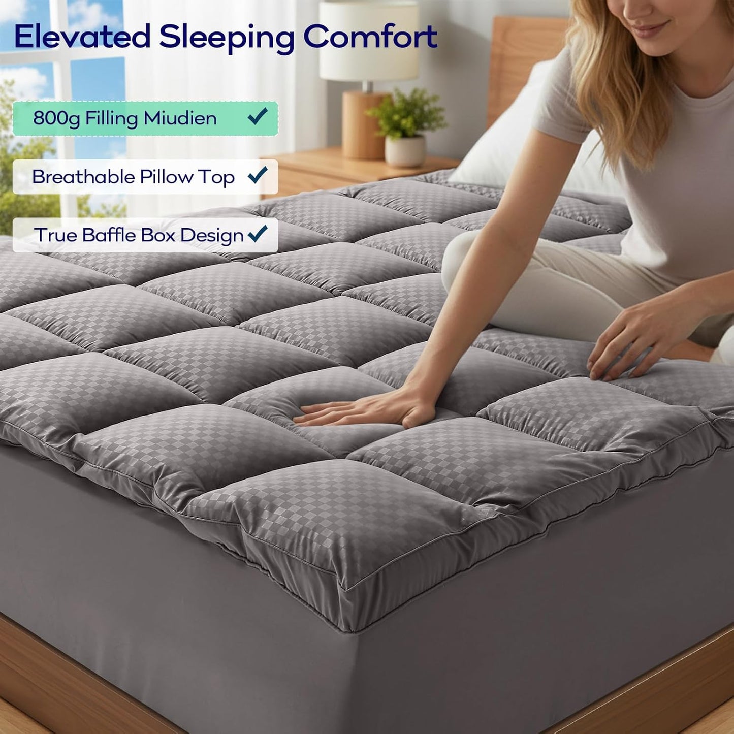 OLANLY Memory Foam Mattress Topper - Dual-Layer Queen Size for Back Pain Relief | 4 Inch Cooling Pillow Top, Light Grey