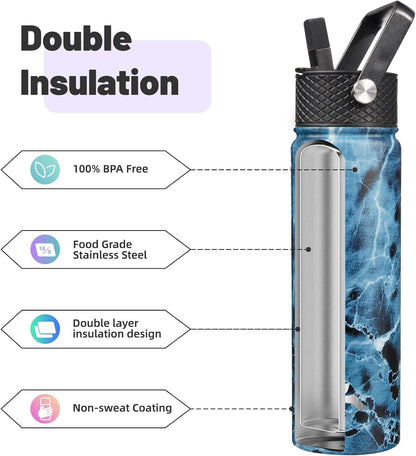 Skiennix 22oz Stainless Steel Water Bottle - Insulated with 3 Lids | Marble Ocean Design