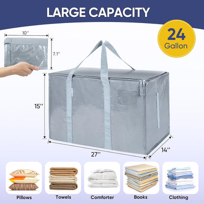 TICONN Extra Large Moving Bags - Heavy Duty Storage with Zippers & Handles | 6 Pack in Light Grey