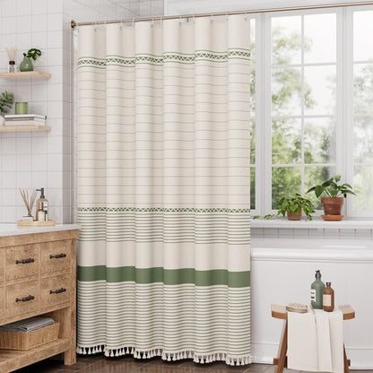 AmazerBath Boho Shower Curtain, Modern Farmhouse Shower Curtain Set with Tassels, Rustic Faux Linen Green Striped Shower Curtain with Hooks, Light Tan Toned, 72x72 Inches
