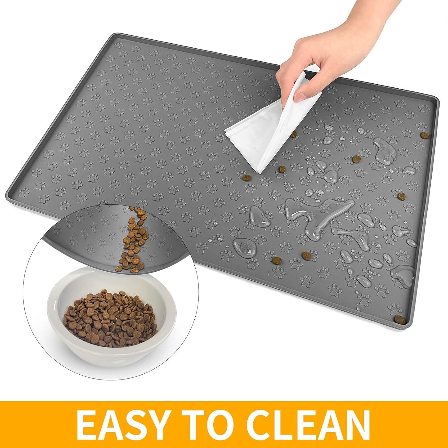 Ptlom Pet Placemat - Silicone Food & Water Mat for Dogs & Cats | Grey, 18" x 12" Size