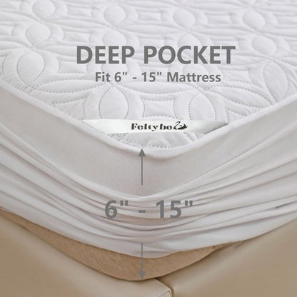 FELTYBED King Size Mattress Protector Waterproof, Soft Breathable Bed Mattress Cover with Deep Pocket 6"- 18", Noiseless & Washable Mattress Pad Cover for Home, Bedroom (White, King)