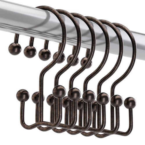Titanker Shower Curtain Hooks Bronze, Minimalist Simple Double Glide Shower Curtain Rings, Rust Proof Metal Shower Hooks Rings for Bathroom Shower Rods Curtains, Set of 12 Hooks
