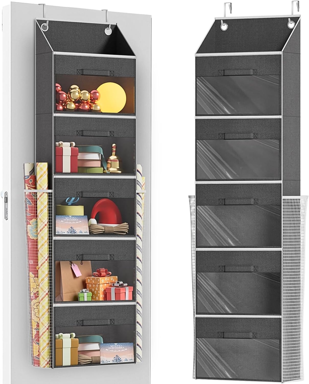 Ofiray-Home Over Door Wrapping Paper Organizer - 5 Removable Drawers & 2 Large Pockets for Gift Wrap Storage
