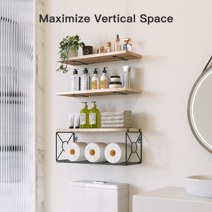 Amada Floating Bathroom Shelves - Stylish Over Toilet Storage with Basket | Natural Wood for Home Organization