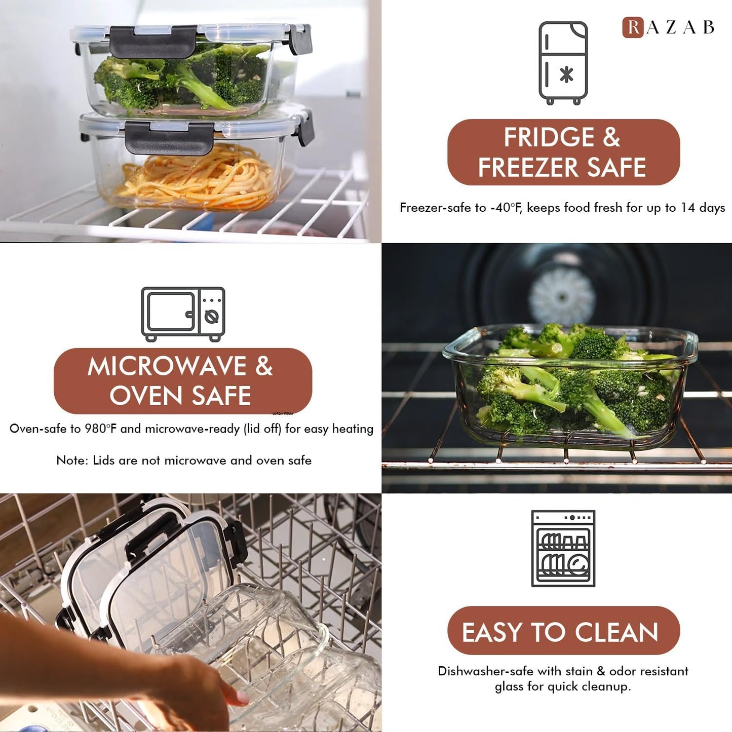 Razab Glass Food Storage Containers - Airtight & Leakproof 1200ML | Microwave, Oven, Freezer Safe, BPA Free
