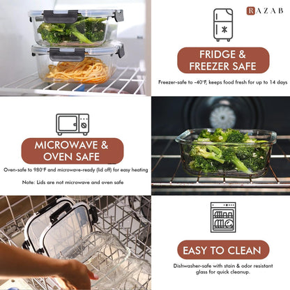 Razab Glass Food Storage Containers - Airtight & Leakproof 1200ML | Microwave, Oven, Freezer Safe, BPA Free