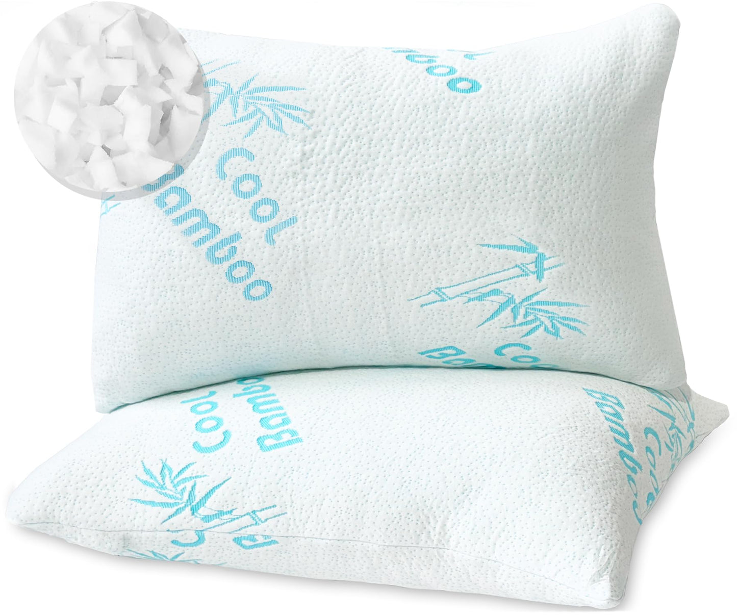 Cool Rayon of Bamboo Pillows 2 Pack King Size (20"x36") for Sleeping, Soft Shredded Adjustable Memory Foam Washable Zippered Breathable Cover, Relieves Neck Pain Asthma for Back/Stomach/Side Sleeper