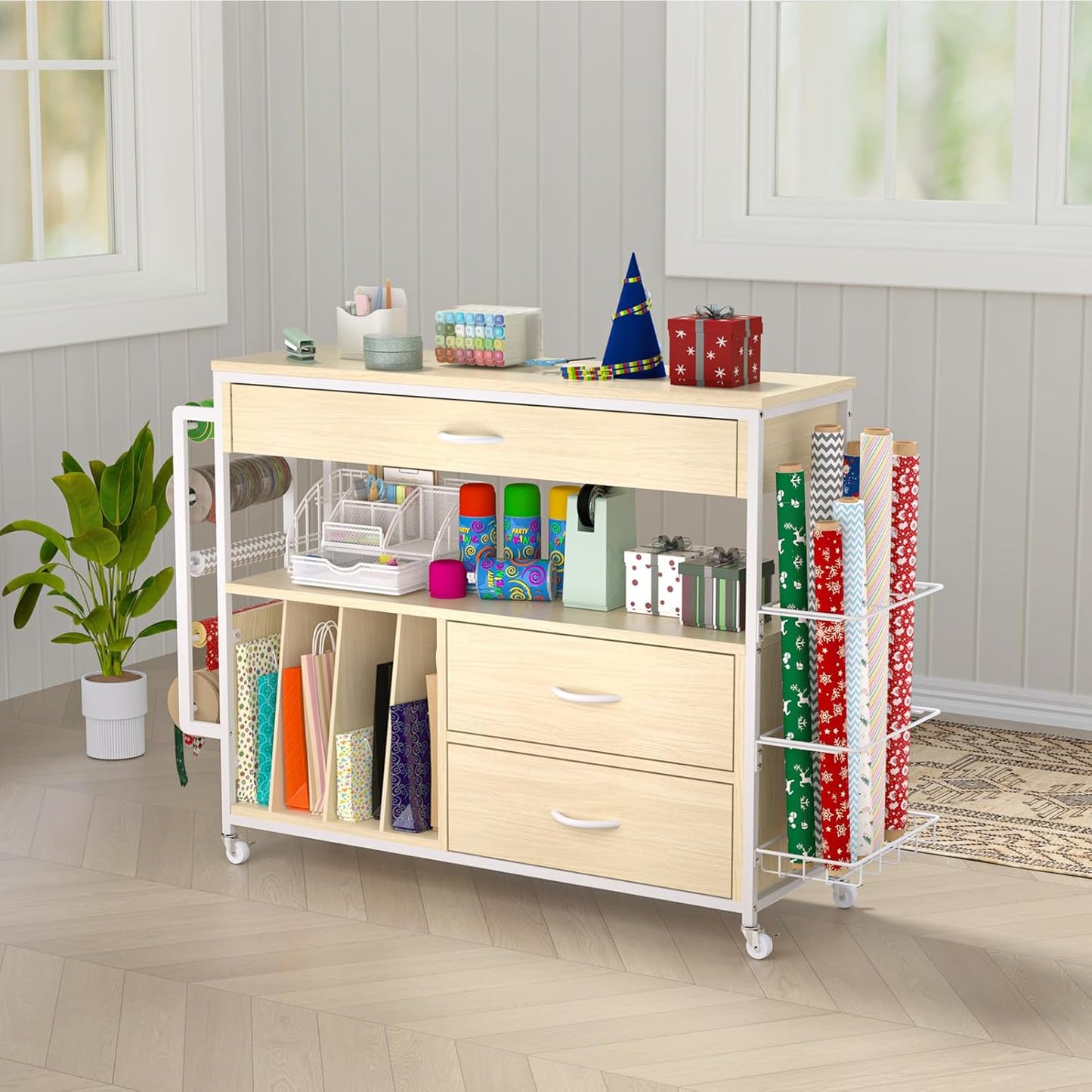 Skiennix Wrapping Paper Organizer - Stylish Craft Cart with Ribbon & Gift Bag Storage | Oak Finish, 3 Drawers