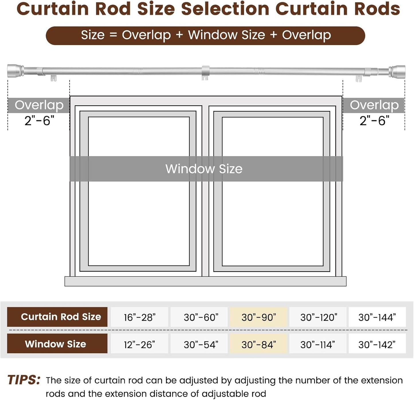 Skiennix 1" Diameter Silver Curtain Rod - Heavy Duty Adjustable 30-90 Inch Length for 30-84 Inch Windows