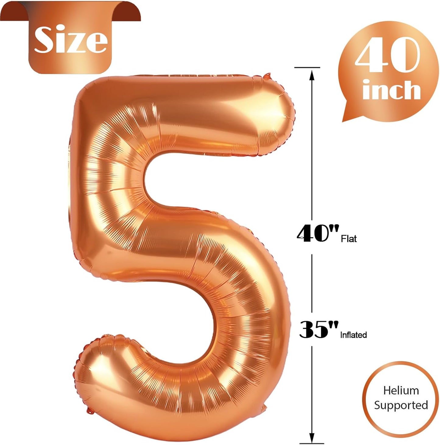 Orange Number 5 Balloon - 40 Inch Giant Foil Balloon for 5th Birthday Party Decorations
