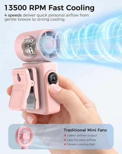 Hotsales Clip-On Portable Fan - 13500 RPM Rechargeable Mini Fan with LED Display | 360° Rotating Design for Travel & Strollers