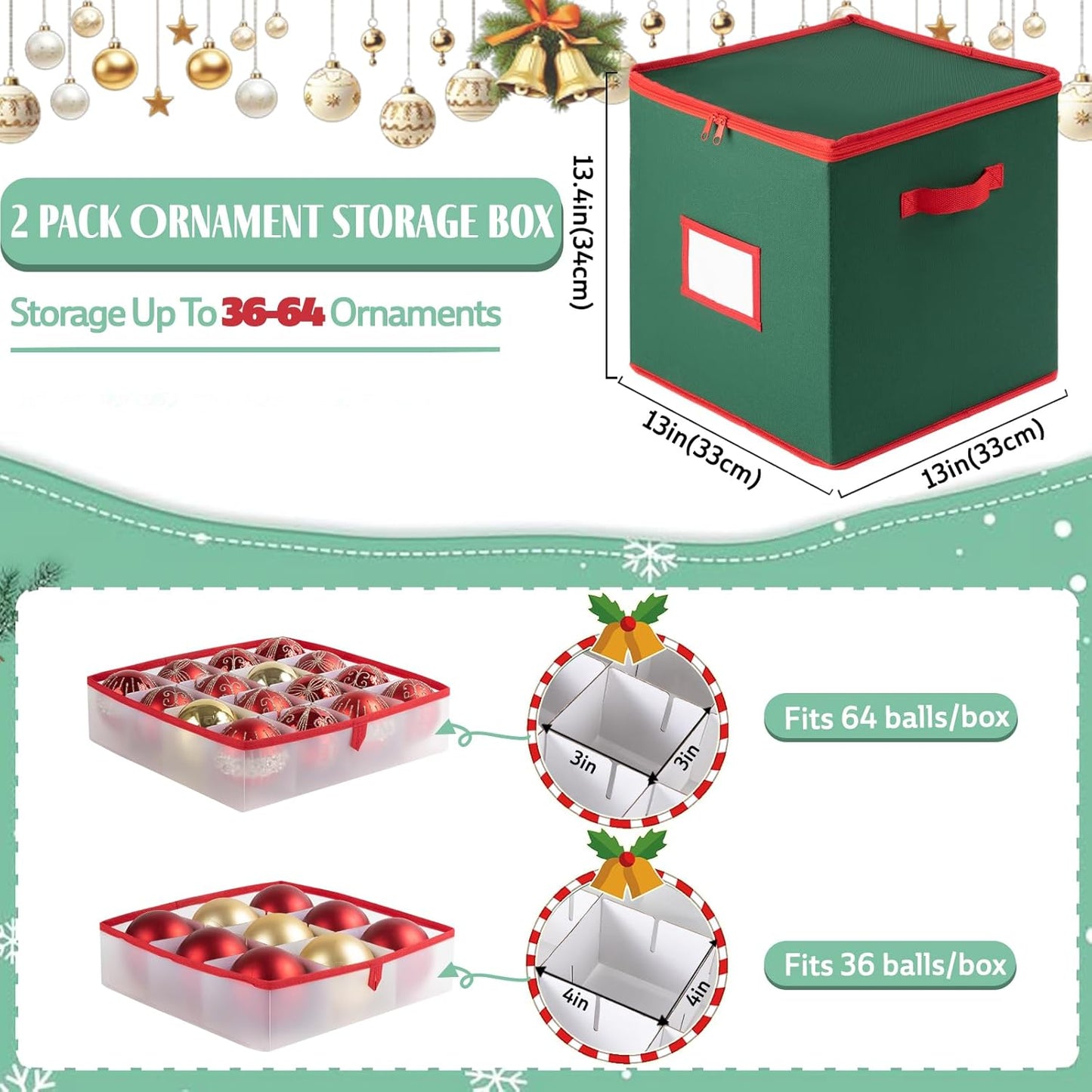 OIAHOMY Ornament Storage Box - 2 Pack Holds 64 Balls Each, Durable 600D Oxford Fabric - Green with Trays