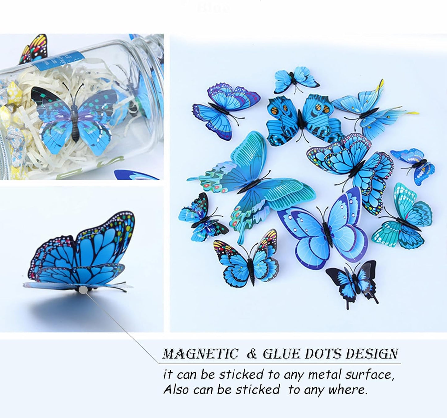 OPSEAM 3D Butterfly Wall Decor - 72 PCS Magnetic Stickers for Party Decorations | Blue