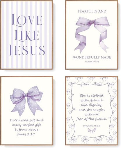 LARTSFRO Coquette Purple Bow Wall Art Decor - Inspirational Christian Posters for Teen Girls | 12x16 Inch Set of 4 Unframed