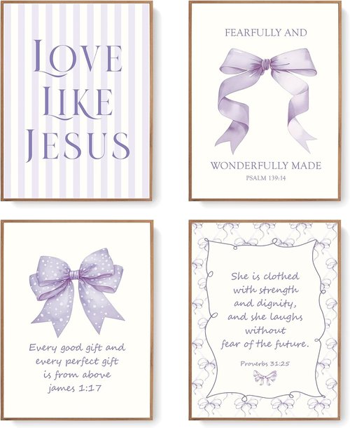 LARTSFRO Coquette Purple Bow Wall Art Decor - Inspirational Christian Posters for Teen Girls | 12x16 Inch Set of 4 Unframed