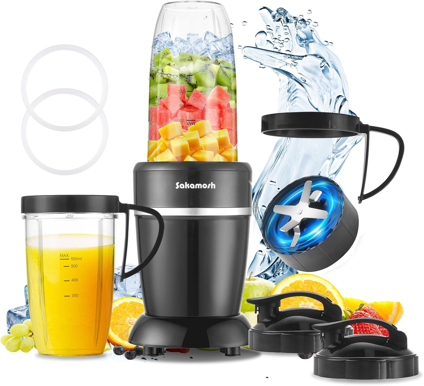 SAKAMOSH 1200W Personal Blender - 12-Piece Portable Combo with 6-Fin Blades & 2 To-Go Cups for Smoothies, Juices & More