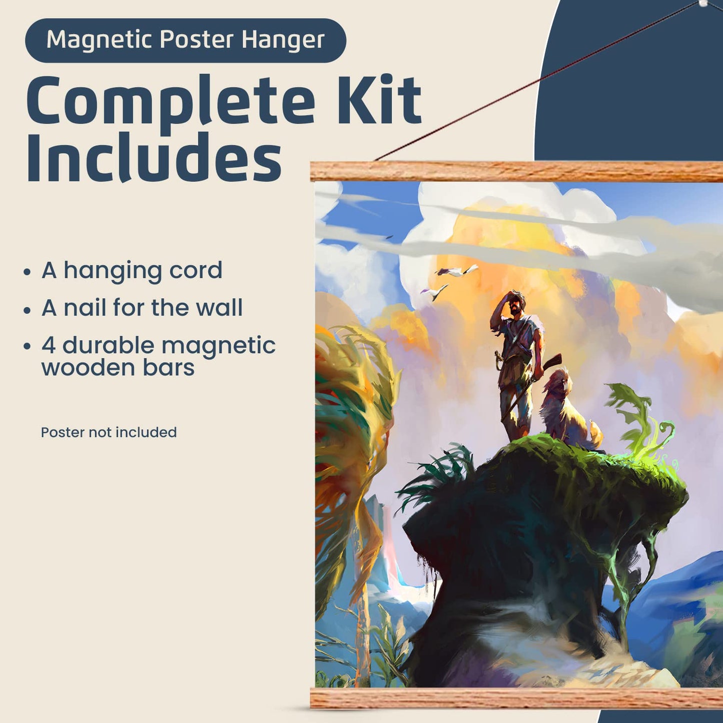 Landmass 40” Wide Magnetic Poster Frame, Poster Hanger - 40x20 40x27 40x30 40x60 Frame - Teak Wood Frame for Posters, Prints, Photos, Pictures, Maps, Scrolls, and Artwork