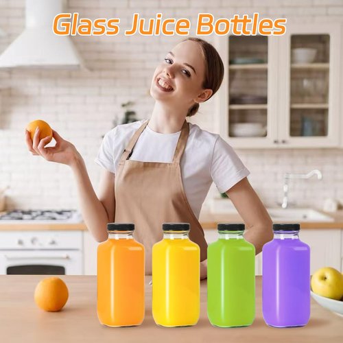 Dayify 6 Pack 16oz Glass Juice Bottles with Lids, 480ml Drinking Bottles with Caps, Reusable Square Glass Jars Drink Containers Water Bottle for Juicing, Milk, Smoothies, Kombucha