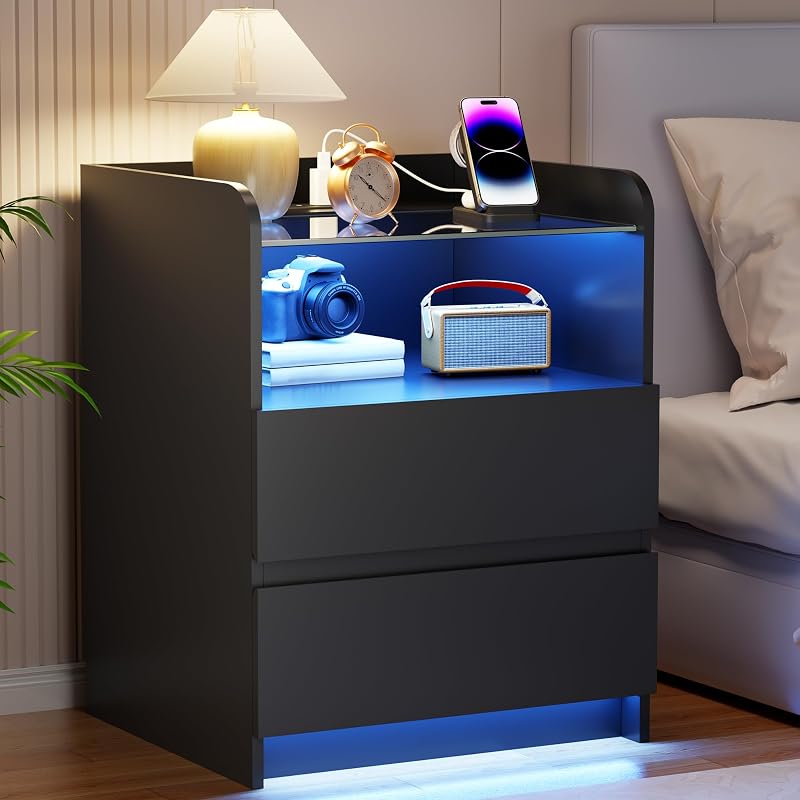 Night Stand with Charging Station and LED Lights - 2 Drawers, Glass Top