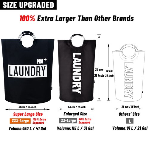 Caroeas Super Large 150L Laundry Basket Pro, Waterproof Laundry Hamper, Collapsible Laundry Basket Easy Storage, Clothes Hamper Stands Up Well, Laundry Bag with Padded Handles (Black)