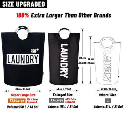 Caroeas Super Large 150L Laundry Basket Pro, Waterproof Laundry Hamper, Collapsible Laundry Basket Easy Storage, Clothes Hamper Stands Up Well, Laundry Bag with Padded Handles (Black)