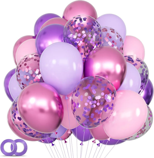 Skiennix 68Pcs Pink & Purple Balloons - 12 Inch Metallic Latex & Confetti for Weddings & Birthdays