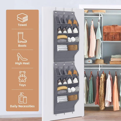 Storage Maniac Over Door Shoe Organizers - 12 Pocket Hanging Shoe Rack for Dorms & Closets | Grey