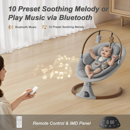 Monamii Baby Swing - Bluetooth Infant Swing with Music Speaker, 5 Speeds & Remote Control | Light Grey