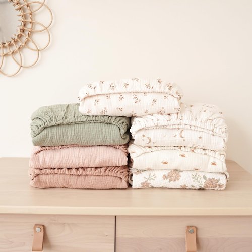 Konssy Muslin Crib Sheets for Girl Boy, 2 PCS Soft and Breathable Cotton Baby Sheets for Standard Crib Mattress, 52"x 28" (Pink Sun,Khaki Leaf)