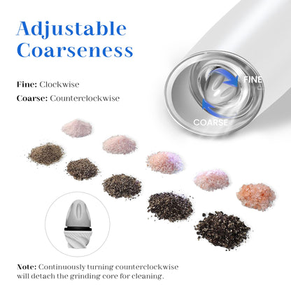 UNNEES Rechargeable Salt And Pepper Grinder Set Electric, Gravity Electric Salt And Pepper Grinder Set Electric, Salt And Pepper Shakers Set Electric, Adjustable Coarseness, LED Light, (Black+White)