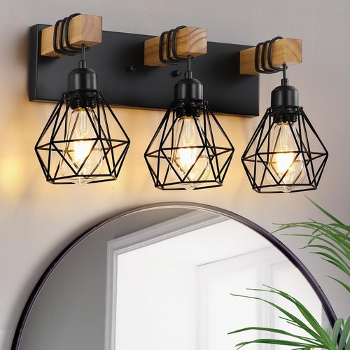 Farmhouse Vanity Light for Bathroom, 3-Light Wood Bathroom Vanity Light Fixtures Over Mirror, Rustic Sconces Wall Lighting with Metal Lampshade for Living Room, Bedroom, Hallway