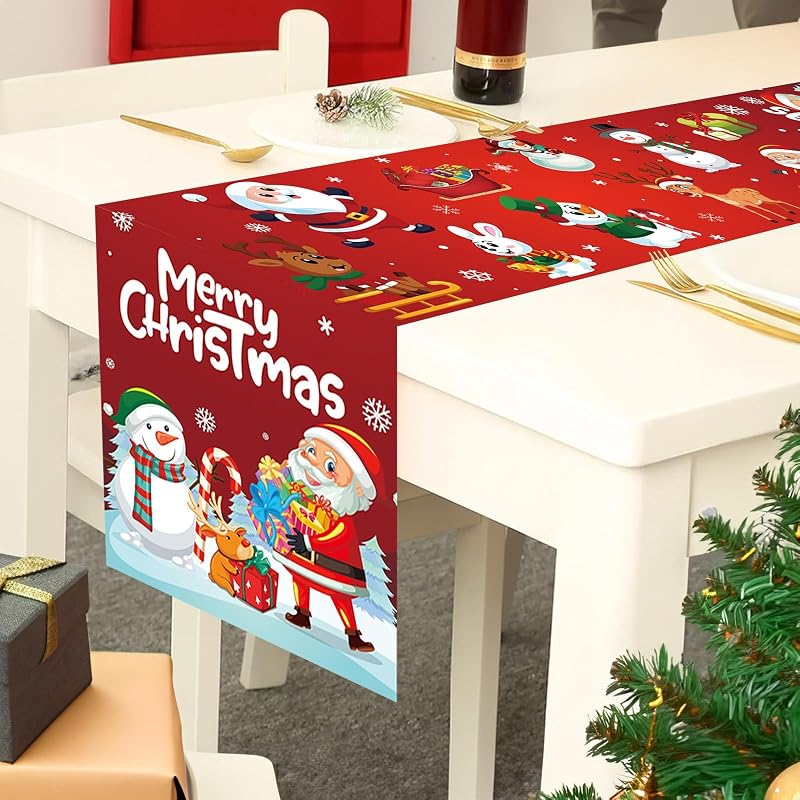 Christmas Table Runner - Santa Claus & Snowman Design, Durable Polyester, Easy-Clean