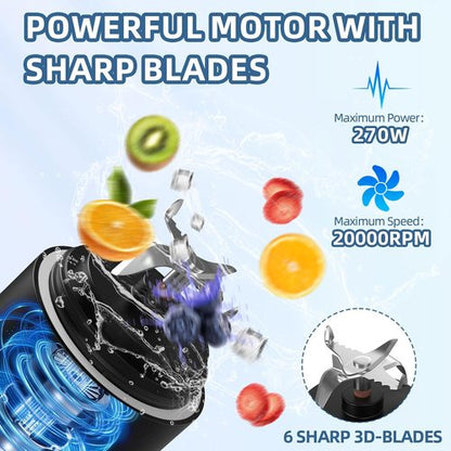 DENOKIN Portable Blender - Cordless 20oz Personal Size Blender for Shakes & Smoothies | Elegant Black with 6 Blades & Travel Lid