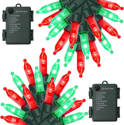 WATERGLIDE 50 LED Outdoor Christmas Lights - 16FT Battery Operated Mini String Lights | Waterproof Red & Green with 8 Modes & Timer for Holiday Decor