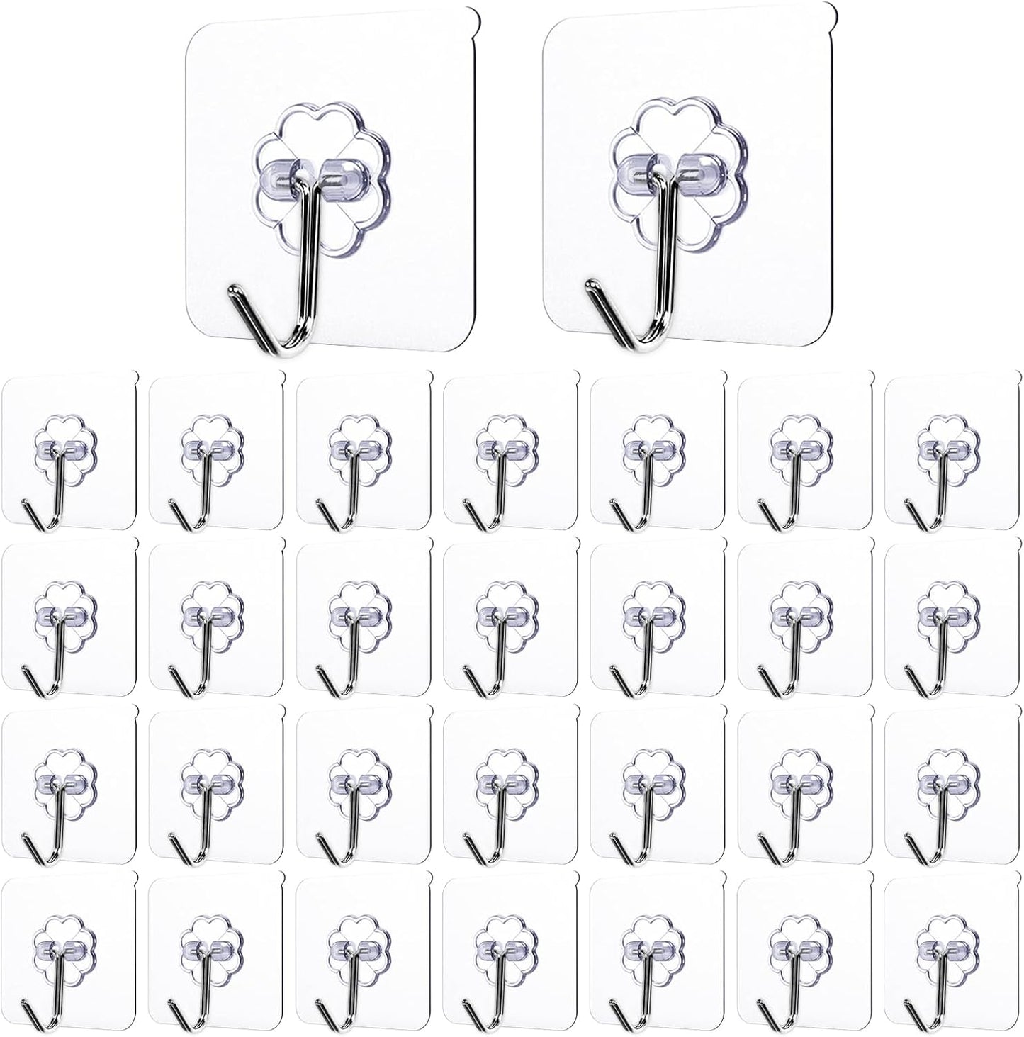 Strong Adhesive Wall Hooks by 30-Pack | Heavy Duty Self-Adhesive Towel & Coat Organizer - Transparent