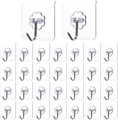 Strong Adhesive Wall Hooks by 30-Pack | Heavy Duty Self-Adhesive Towel & Coat Organizer - Transparent